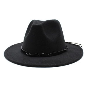 Classic black wide brim fedora hat with woven leather band for men and women
