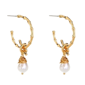Golden bamboo texture C-shape earrings with handmade wire wrapping and faux pearls