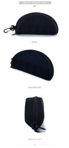 Three-view layout of a black semi-circular EVA zipper case with a hanging plastic hook