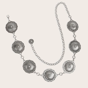 Vintage silver metal waist chain with ornate floral engraving for dresses