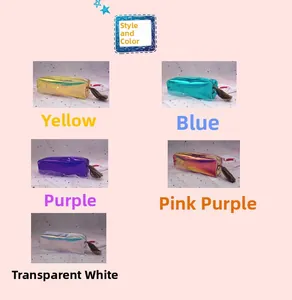 Detailed grid view of holographic laser pencil cases with tassels in five vibrant colors