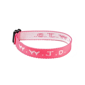 Adjustable pink W.W.J.D. woven fabric wristband with black plastic buckle for men and women