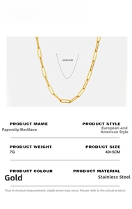 Detailed view of gold stainless steel paperclip necklace with specifications and dimensions