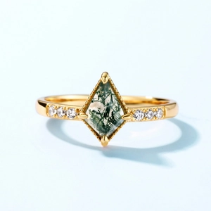 Elegant gold S925 silver ring featuring a lozenge moss agate stone and small side diamonds