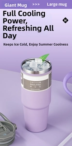 Macro view of 30oz purple stainless steel insulated tumbler filled with ice cubes