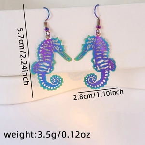 Detailed view of rainbow laser seahorse drop earrings with dimensions and weight info
