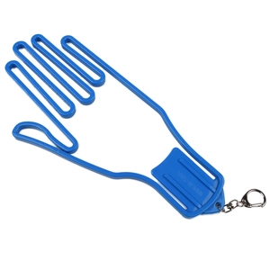 Blue palm-shaped golf glove stretcher with durable metal keychain on white background