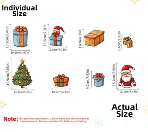 Detailed dimensions of Christmas wall stickers featuring Santa Claus and gift box motifs