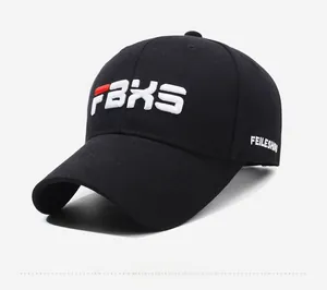 Detail of 3D FBKS letter embroidery on a black cotton canvas baseball cap surface