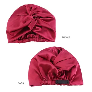 Adjustable burgundy satin double-layer silk sleep cap with front twist design for women