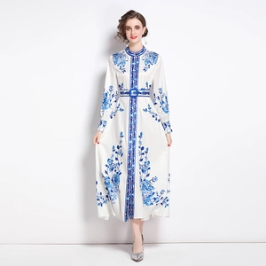 Elegant white long sleeve maxi dress with blue floral print and standing collar