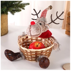 Close-up of reindeer plush holiday candy basket made of hand-woven bamboo and soft fabric