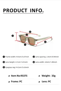 Size guide for PC frame sunglasses showing lens width, height, and frame dimensions