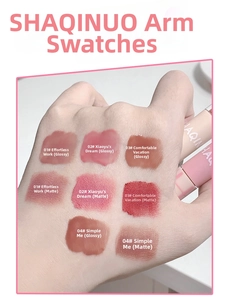 Arm swatches showing dual-ended lip glaze in glossy and matte finishes across four shades