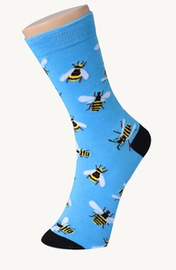 Detail of blue cotton sock with embroidered bee pattern and reinforced black heel