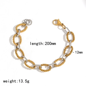 Detail view of 12mm thick two-tone twisted chain bracelet with sizing measurements