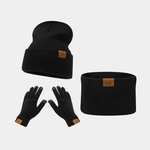 Detail of black winter knit set with DAD leather patch and touch-screen gloves