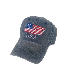 Vintage washed dark grey cotton baseball cap with American flag and USA embroidery