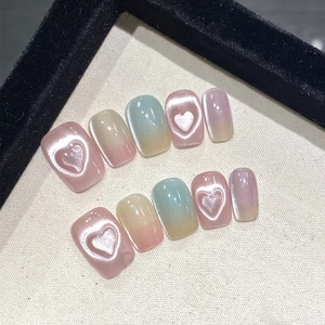 Handmade Press On Nails Magnetic Cat Eye Effect 3D Heart Gradient Short Square Round ABS Plastic Elegant Sweet Women