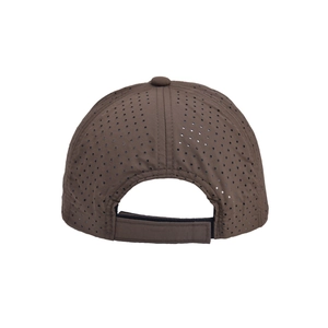 Detailed macro view of dark brown breathable mesh fabric and adjustable strap on the cap