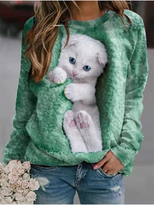 Sweat-shirt vert à manches longues pour femmes avec imprimé graphique 3D chat blanc