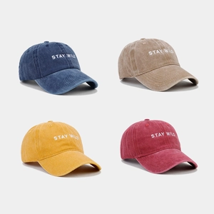 Washed Cotton Baseball Cap Stay Wild Letter Embroidery Distressed Vintage Sun Peaked Hat Adjustable For Men Women