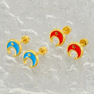 18k gold plated stainless steel moon and star stud earrings in blue and red enamel