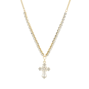 Gold-plated cross necklace with sparkling rhinestones and tennis chain for women
