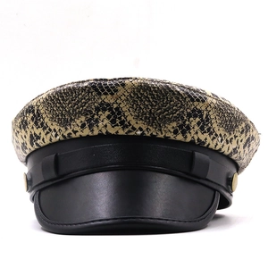 Stylish leopard print military cap with black leather brim and vintage metal buttons