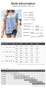 Detailed size chart for lace printed summer top with UK US and EURO measurement guidelines