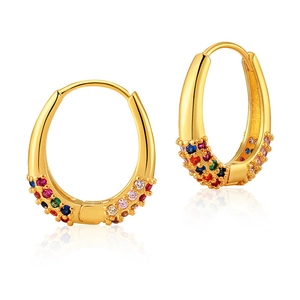 Irregular oval hoop earrings in 18K gold plated brass with rainbow zircon micro-inlay