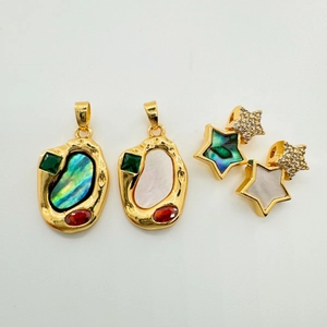 DIY Pendant Charms Copper Gold Plated Natural Shell Abalone Inlay Irregular Oval Star Zircon Vintage Jewelry Making
