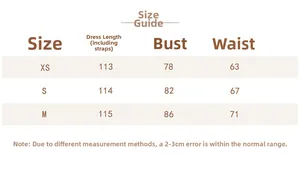Detailed size chart for the backless maxi dress including length, bust, and waist measurements