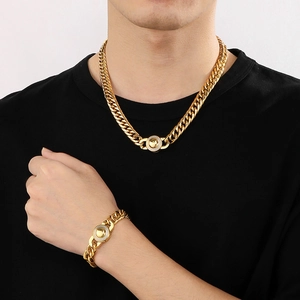 11mm Gold Cuban chain necklace and bracelet set with CNC diamond buckle for men