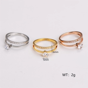 Double layer stainless steel solitaire rings in silver, gold, and rose gold finishes