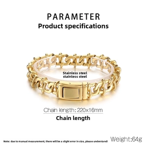 Detailed close-up of golden stainless steel curb chain bracelet with square press buckle