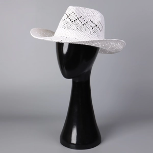 White woven cowboy straw hat with breathable patterns and wide brim for sun protection