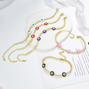 Evil Eye Tennis Bracelet Copper 18K Gold Plated Cubic Zirconia Colorful Enamel Adjustable Jewelry For Women