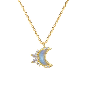 Titanium steel gold moon pendant necklace with opal stone and sparkling cubic zirconia