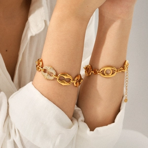 Bracelet pour femme en acier inoxydable doré 18K avec zircons et maillons ovales épais