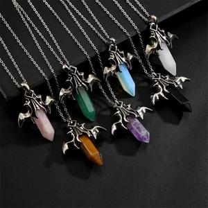 Bat Wing Pendant Necklace Natural Hexagonal Pillar Crystal Stone Copper Alloy Gothic Retro Jewelry For Women Men