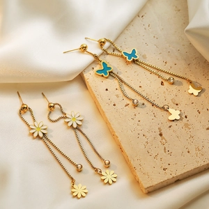 18K gold plated drop oil butterfly and daisy tassel earrings with sparkling crystals