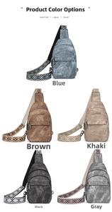 Detailed display of vintage PU leather chest bags with colorful ethnic strap in five colors