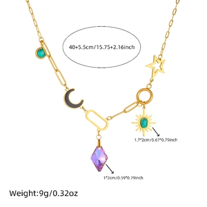 Collana celeste dorata con luna stelle sole turchese e ciondolo in cristallo viola