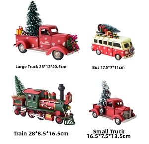 Detailed grid of vintage red metal Christmas car and steam train tabletop ornaments