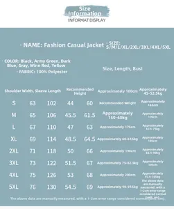 Detailed size guide table for men's flight jacket ranging from size S to 5XL