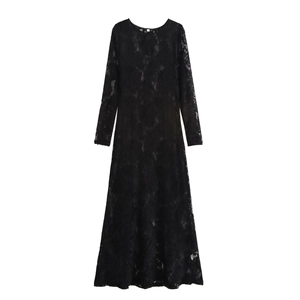 Women Sexy French Lace Maxi Dress Long Sleeve Round Neck Slim Fit Elegant Hollow Out Party Black