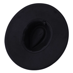 Detail view of black wool felt fedora interior showing the sweatband and material label