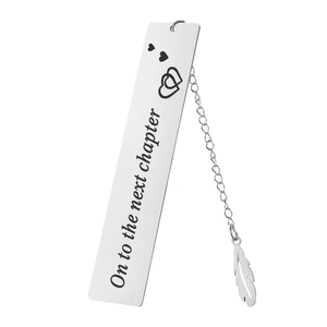 Silver stainless steel bookmark with On to the next chapter text and feather pendant