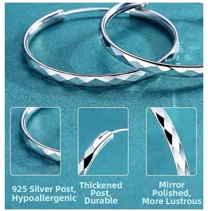 Detailed macro view of diamond-cut texture and 925 sterling silver pins on hoop earrings